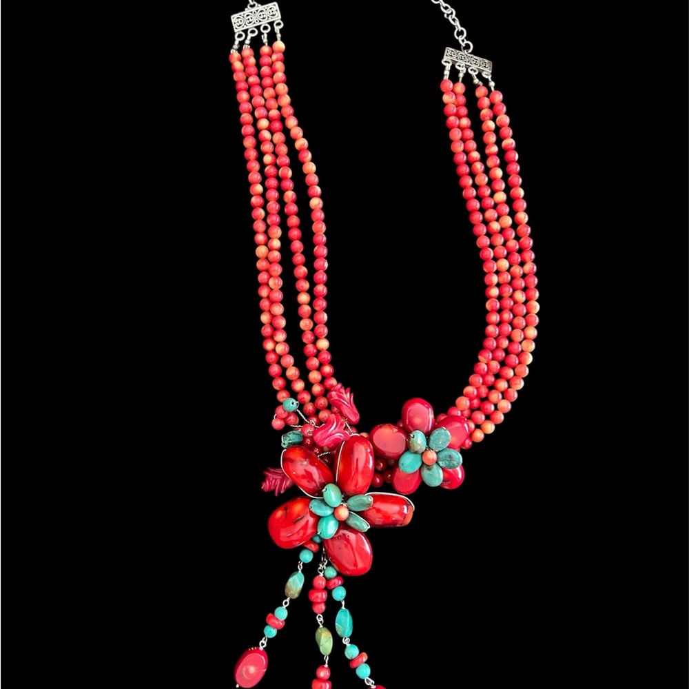 Artisan Coral and Turquoise Floral Necklace
